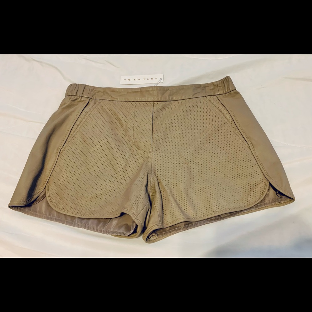 NWT Trina Turk Taupe Leather Shorts, Sz 2. Fully Lined.